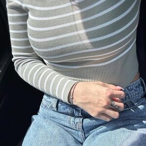 Garage Sage Green and White Striped Long Sleeve Top